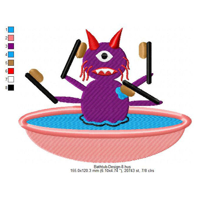 Monsters Bathtub Machine Embroidery Digitized Design Files