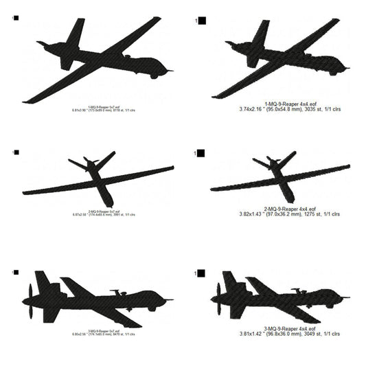 General Atomics MQ-9 Reaper Drone Aircraft Silhouette Machine Embroidery Digitized Design Files