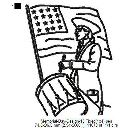 USA Flag Drum Drummer Line Art Memorial Day Machine Embroidery Digitized Design Files
