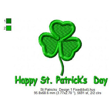 Happy Saint Patrick's Day Shamrock Four Leaf Clover Machine Embroidery Digitized Design Files
